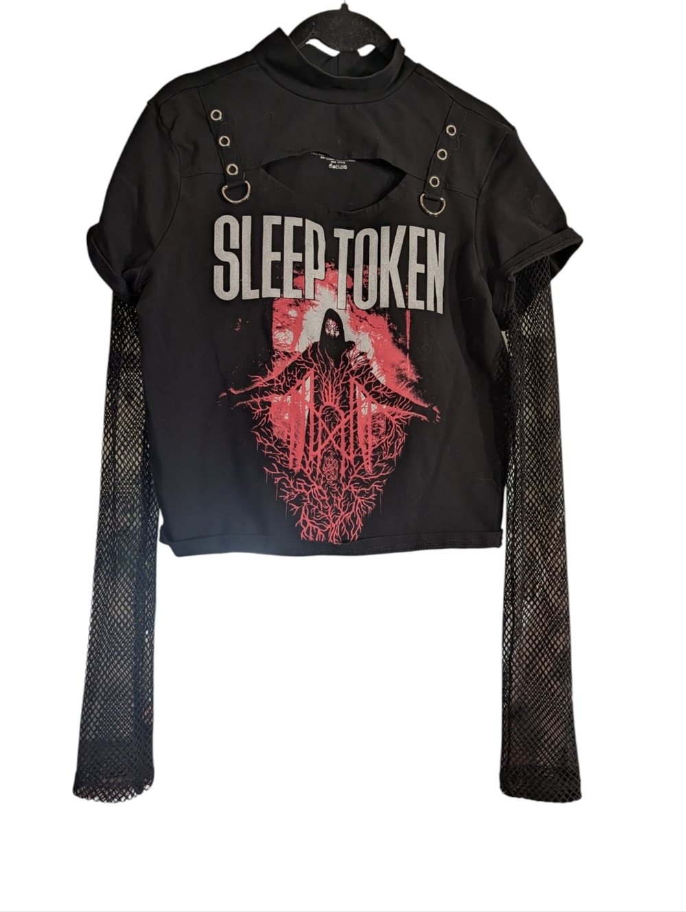 🖤 Sleep Token Cutout Harness Top Fishnet Layered Goth Alt Band Tee Women’s L - Picture 2 of 8